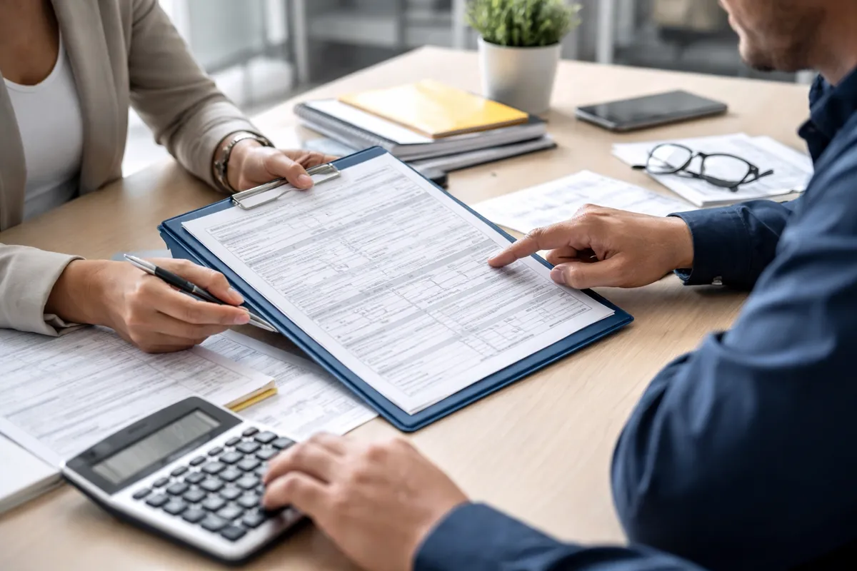 Responsable des ressources humaines adulte et salarié autour d'une table, un dossier d'accident du travail et une calculatrice ouverts devant eux