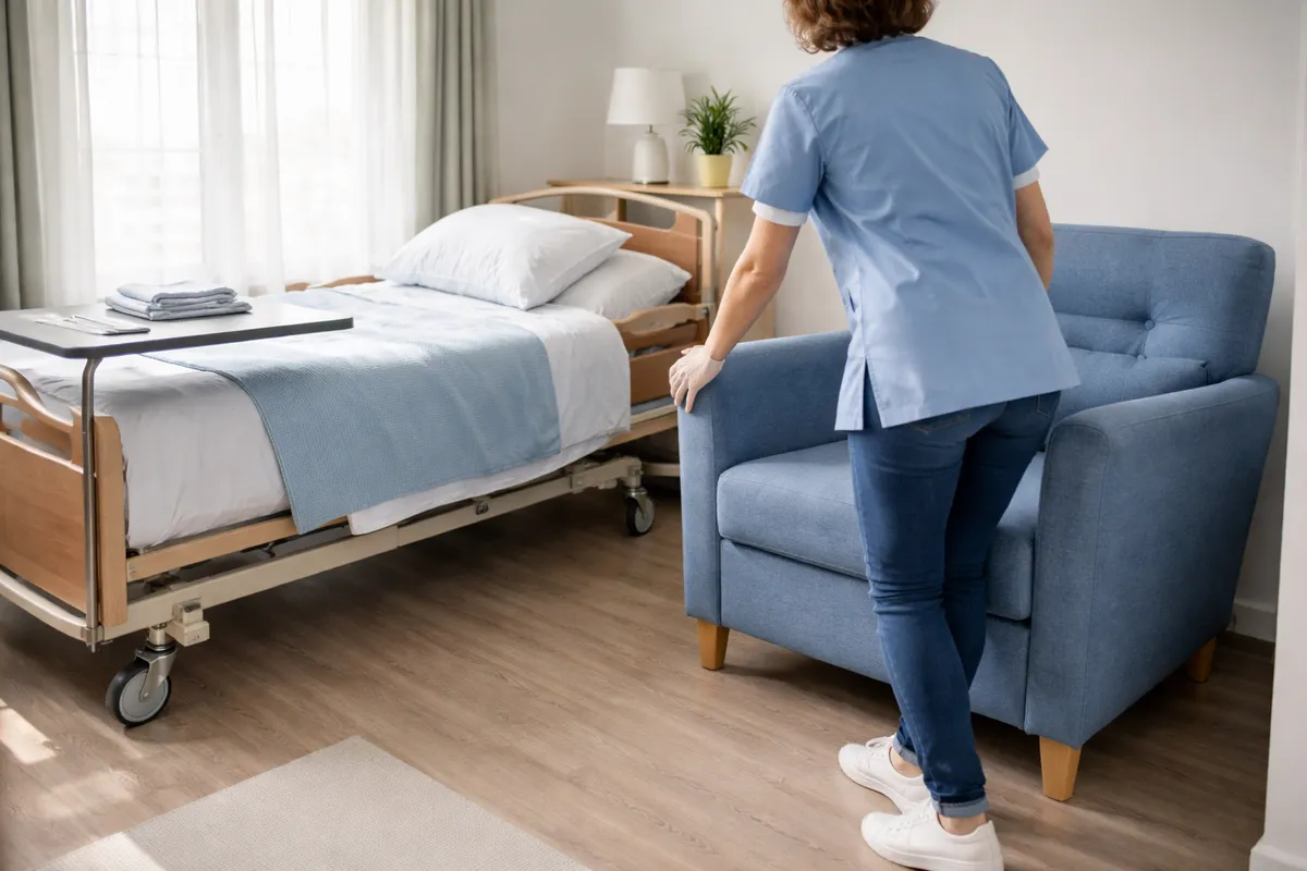 Aide à domicile préparant un espace dégagé entre un lit médicalisé et un fauteuil