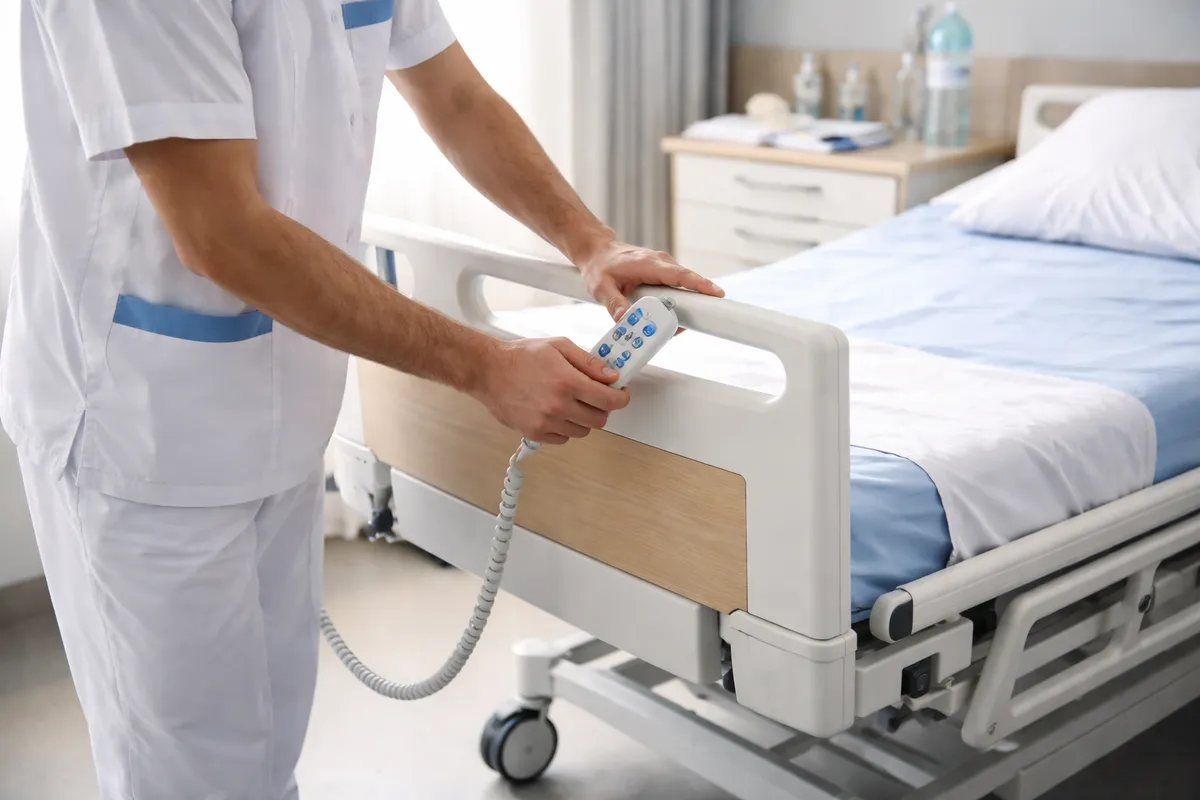 Aide-soignant réglant un lit médicalisé à hauteur de travail avant un soin