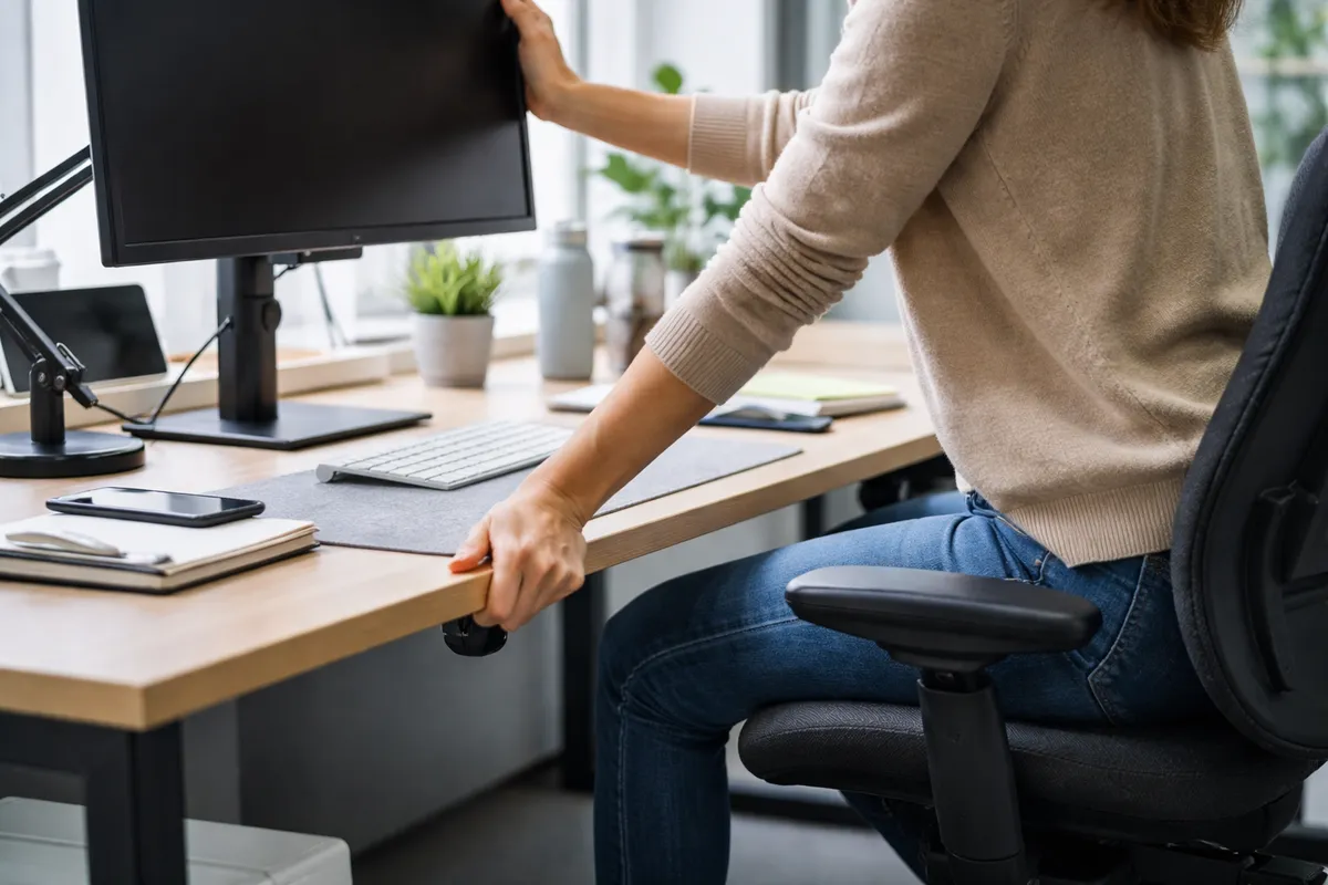 Employée réglant la hauteur de son écran et de son siège devant un bureau