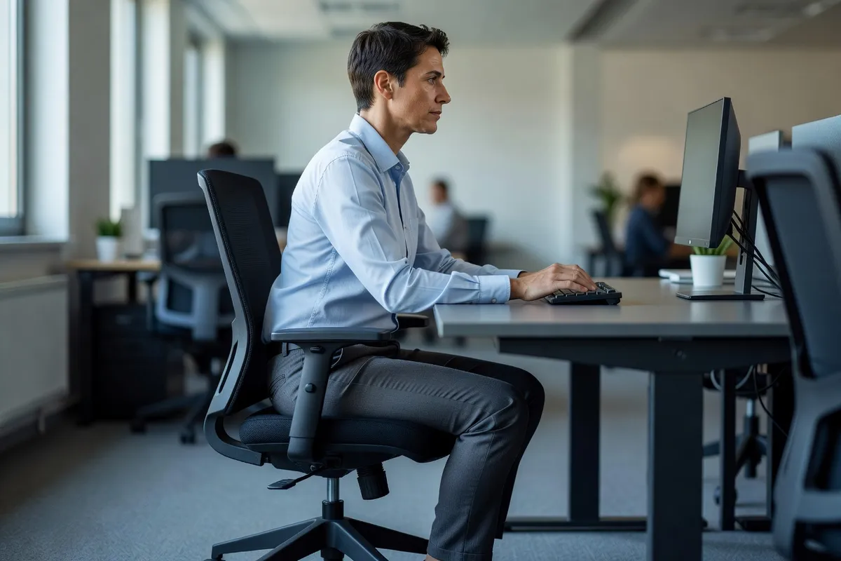 Salarié assis au fond de son siège, pieds à plat, avant-bras posés devant un clavier