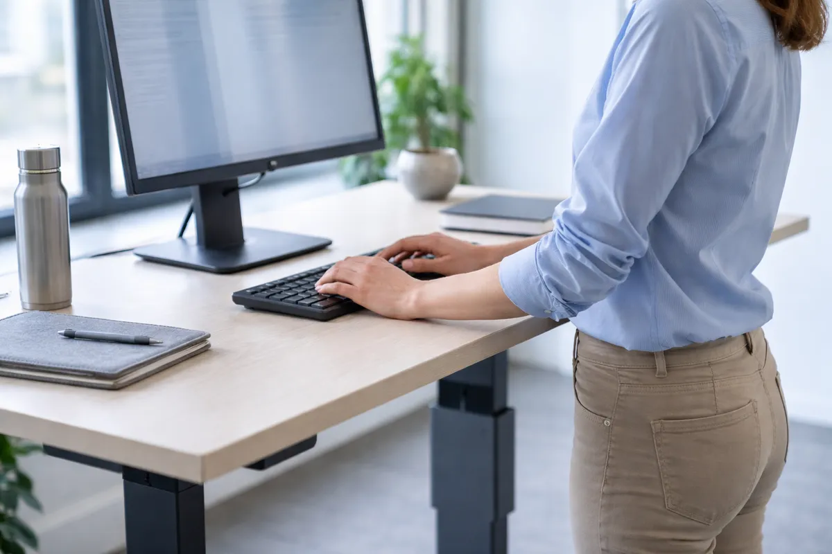 Salariée en position debout devant un bureau réglable, avant-bras alignés avec le clavier et écran face à elle
