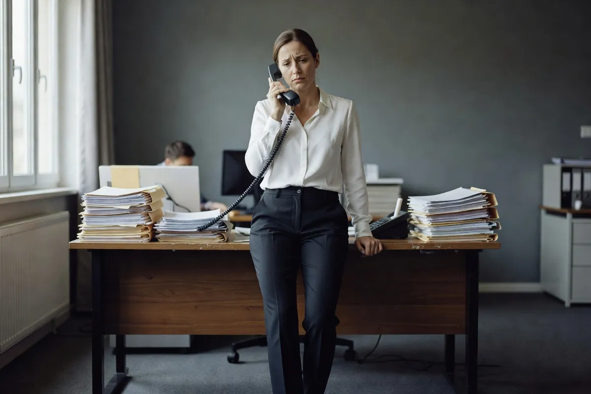Employée adulte debout devant un bureau chargé de dossiers, un téléphone à la main, l'air fatigué en fin de journée