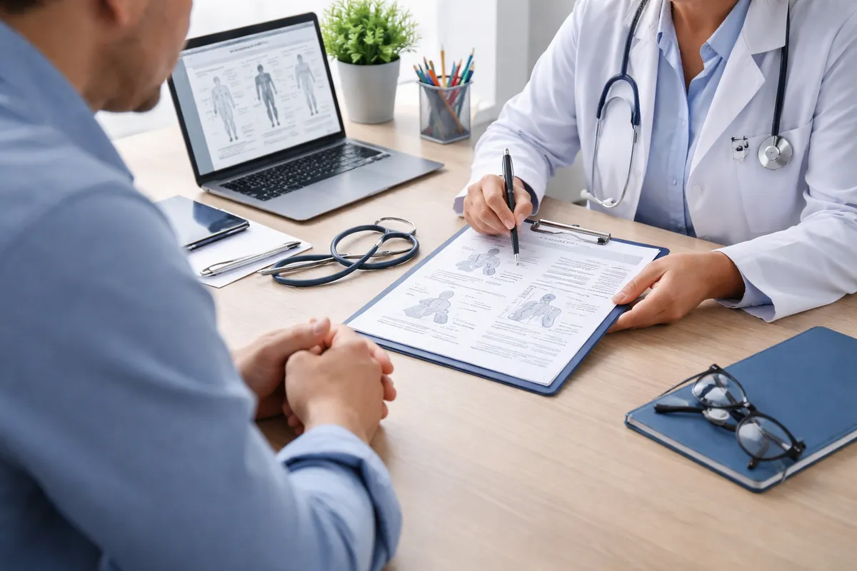 Salarié adulte et médecin du travail face à face dans un cabinet de consultation, une feuille d'aménagement de poste posée sur le bureau