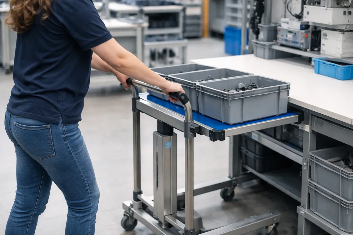 Une opératrice utilise un chariot réglable pour rapprocher des contenants de son plan de travail
