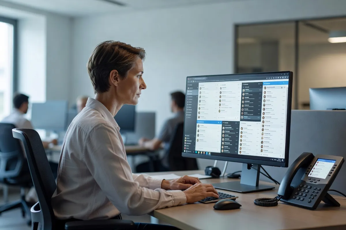Salarié devant son écran de bureau avec de nombreuses fenêtres de messagerie ouvertes et un téléphone qui affiche des notifications