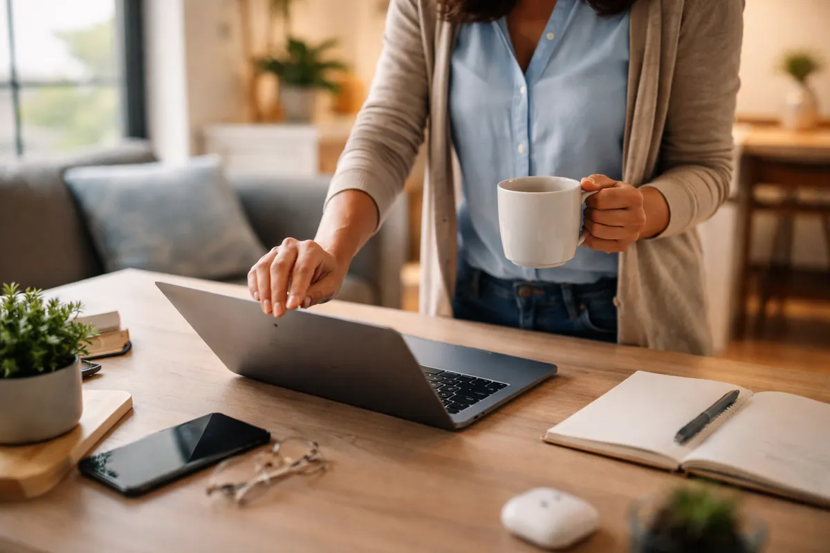 Télétravailleuse qui referme son ordinateur portable sur la table du salon en fin de journée, une tasse à la main