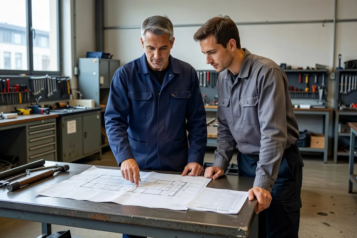 Responsable d'atelier et salarié devant un poste de travail, un plan de l'atelier et une feuille d'évaluation posés sur l'établi