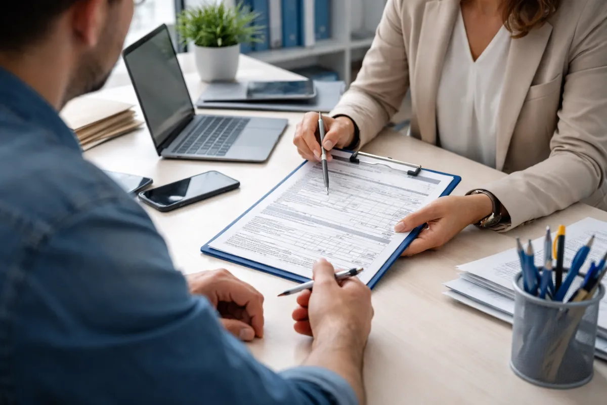 Salarié assis à une table face à une conseillère de la caisse d'assurance maladie qui examine un formulaire de déclaration