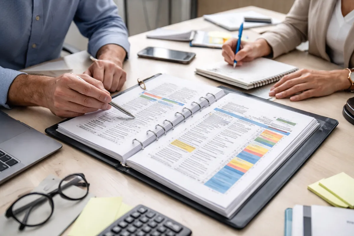 Responsable de PME et déléguée du personnel autour d'une table, un classeur de document unique ouvert à la page du plan d'actions