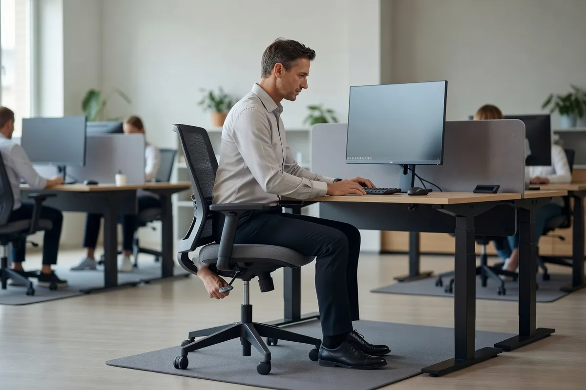 Salarié réglant la hauteur de son siège devant un bureau avec écran et clavier