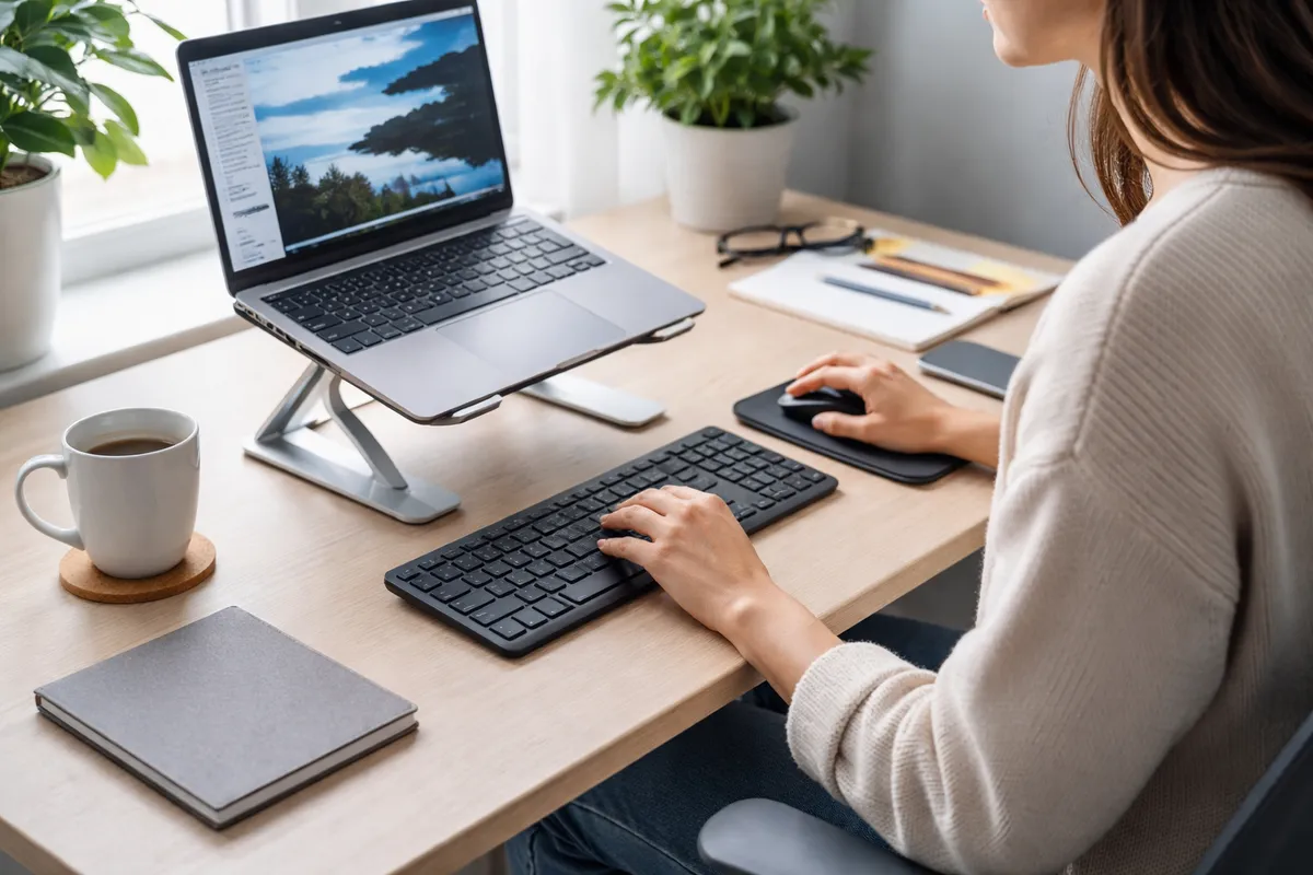Télétravailleuse utilisant un ordinateur portable surélevé avec clavier et souris externes sur une table