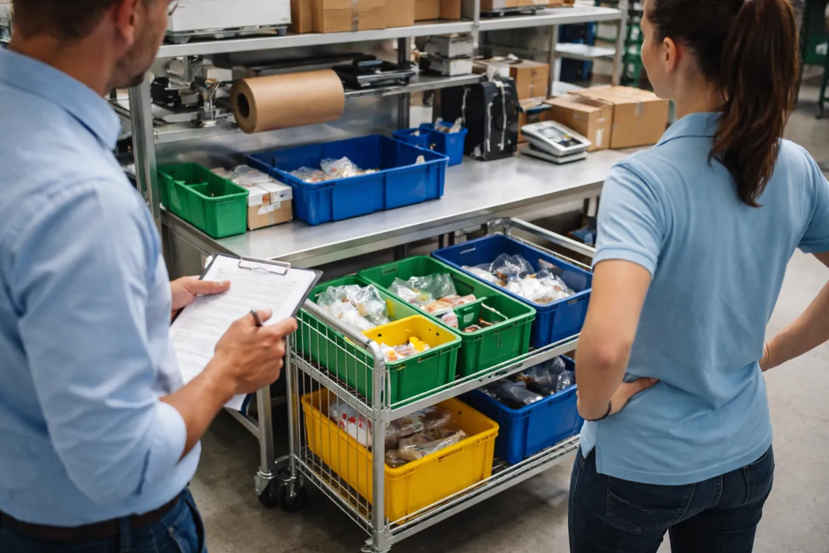 Employeur et salariée observant l'organisation d'un poste de préparation avec un chariot et des bacs