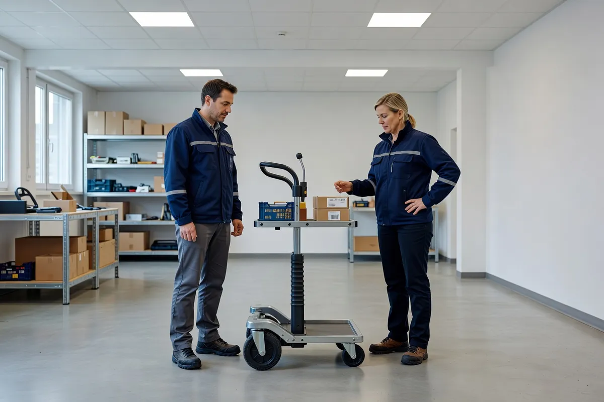 Deux salariés observent le rangement d'une zone de préparation avec un chariot à hauteur réglable