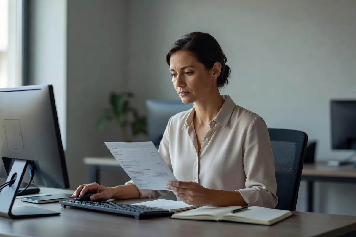 Salarié adulte devant son ordinateur, relisant un courriel à l'écran, un carnet de notes ouvert près du clavier