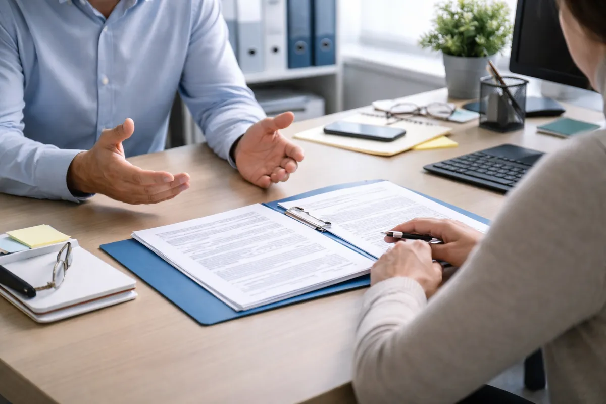 Deux adultes assis face à face dans un bureau de représentants du personnel, l'un écoutant l'autre exposer sa situation, dossier ouvert sur la table