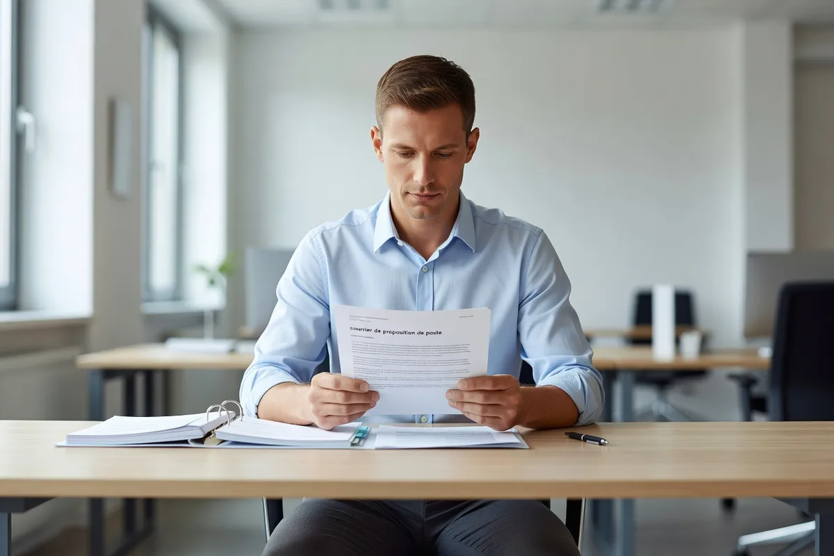 Salarié adulte lisant attentivement un courrier de proposition de poste, assis à une table avec un stylo et un classeur ouvert