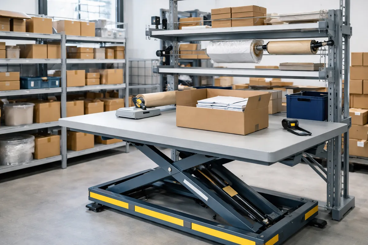 Poste de préparation de commandes avec table élévatrice réglable et rayonnages à hauteur de taille, sans personne