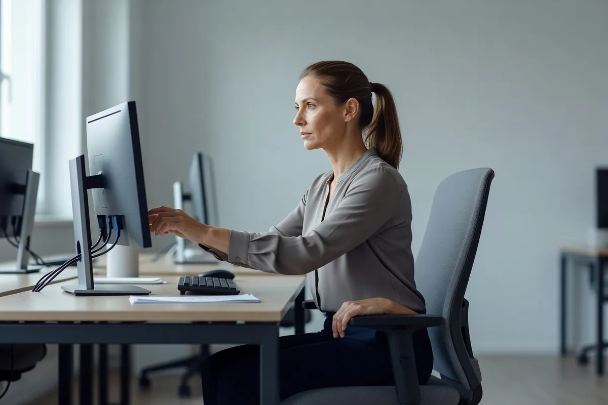 Salariée réglant la hauteur de son écran et de son siège devant un poste informatique
