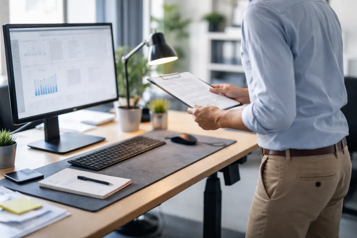 Salarié se levant de son poste informatique pour consulter un document à distance de l'écran