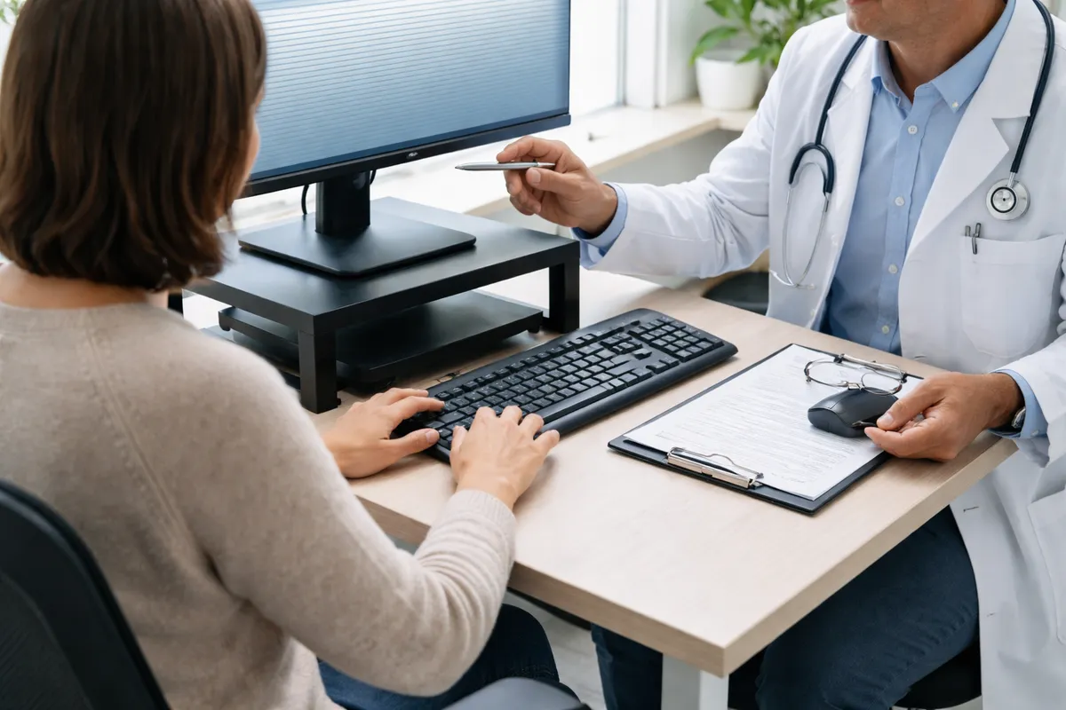 Médecin du travail et salariée adulte examinant ensemble un poste de bureau avec écran surélevé et clavier devant elle