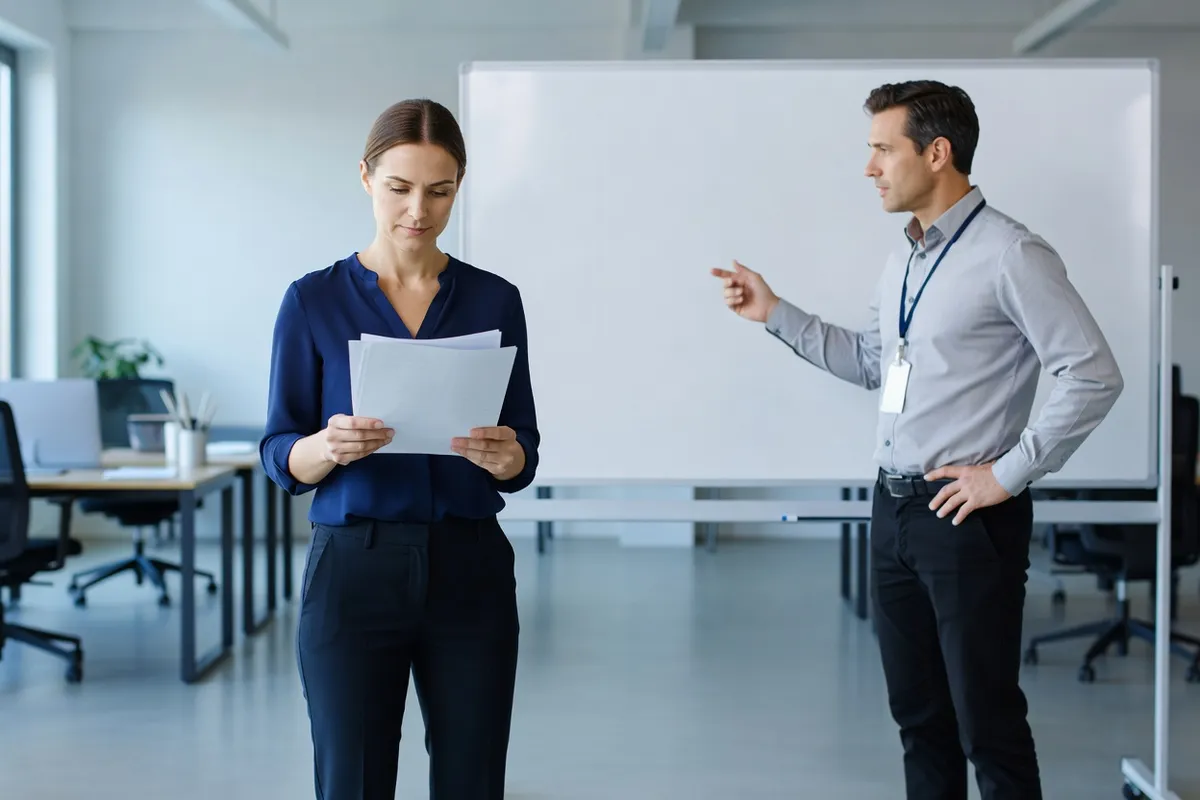 Salariée relisant ses priorités de travail avec son responsable devant un tableau de planification