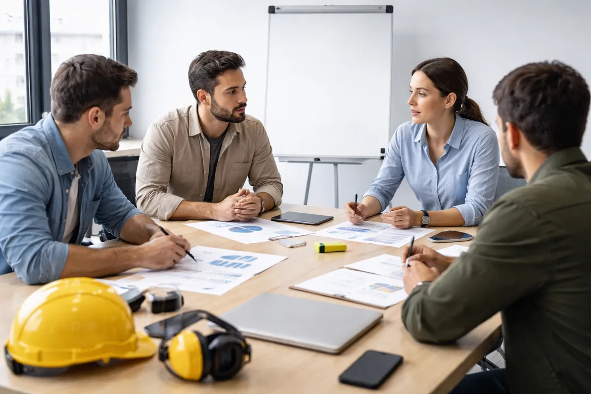 Réunion d'équipe autour d'une table avec un tableau listant les priorités et les difficultés de travail