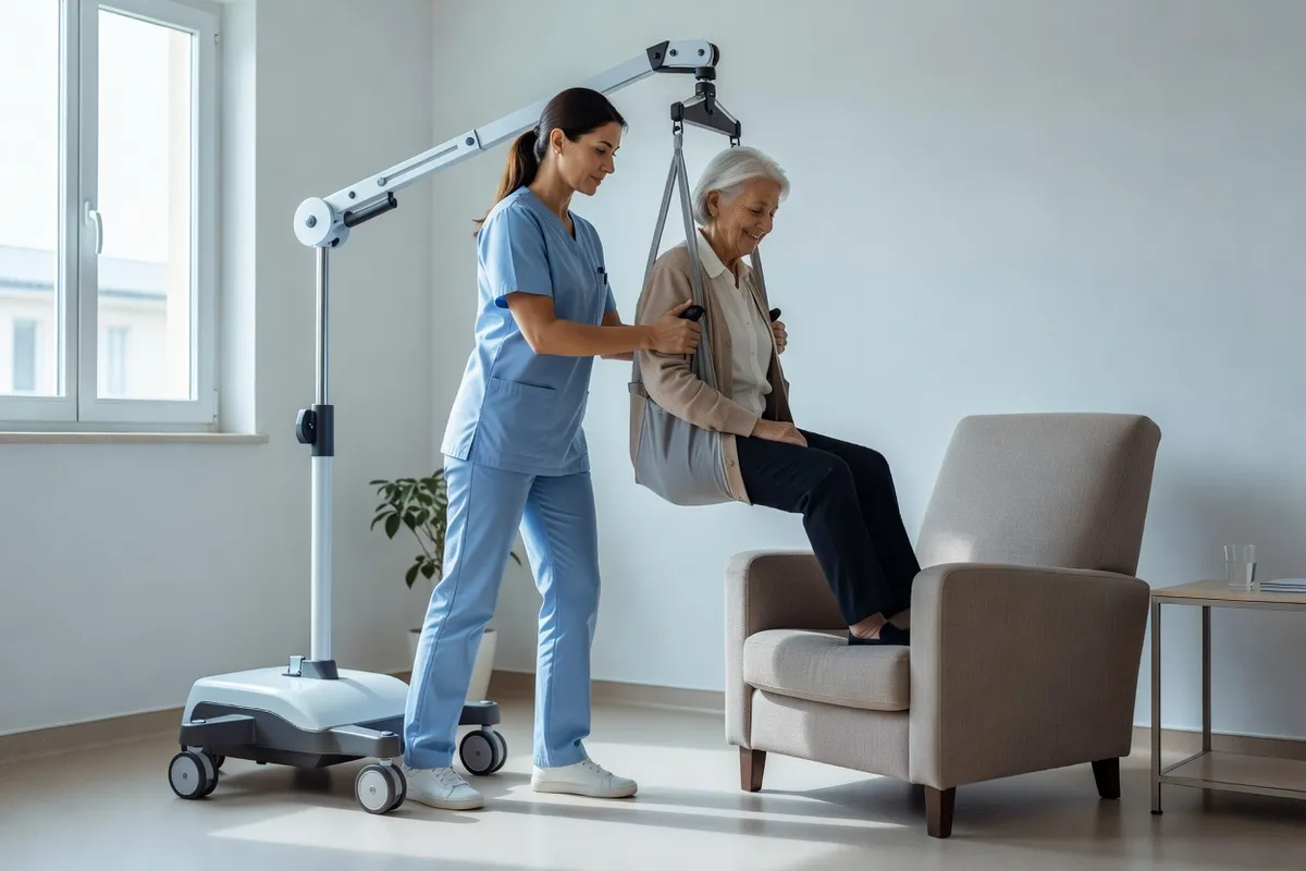 Aide-soignante adulte aidant une patiente à se lever d'un fauteuil avec un lève-personne à proximité, dos droit, appuis écartés