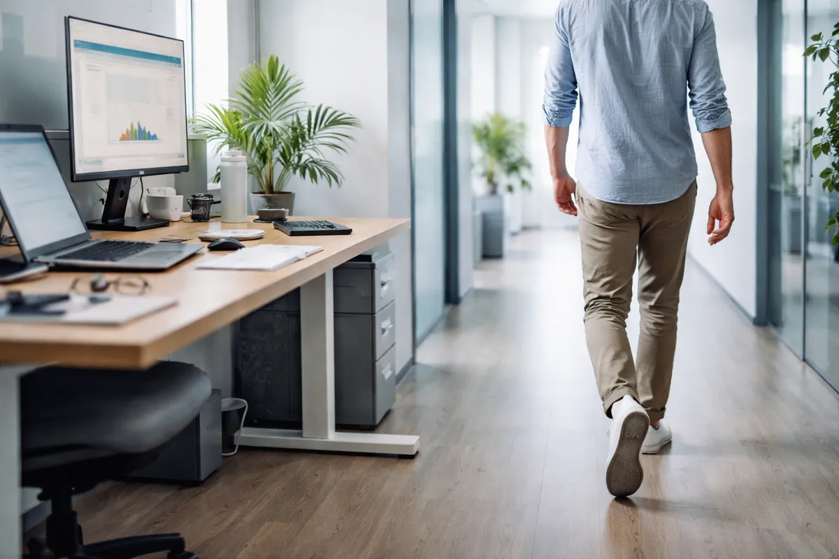 Salarié adulte au bureau, debout près de son poste, qui marche quelques pas dans le couloir pour faire une courte pause active