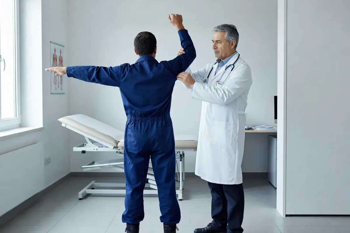Médecin du travail adulte examinant l'amplitude du bras levé d'un salarié en tenue de travail, dans un cabinet médical lumineux