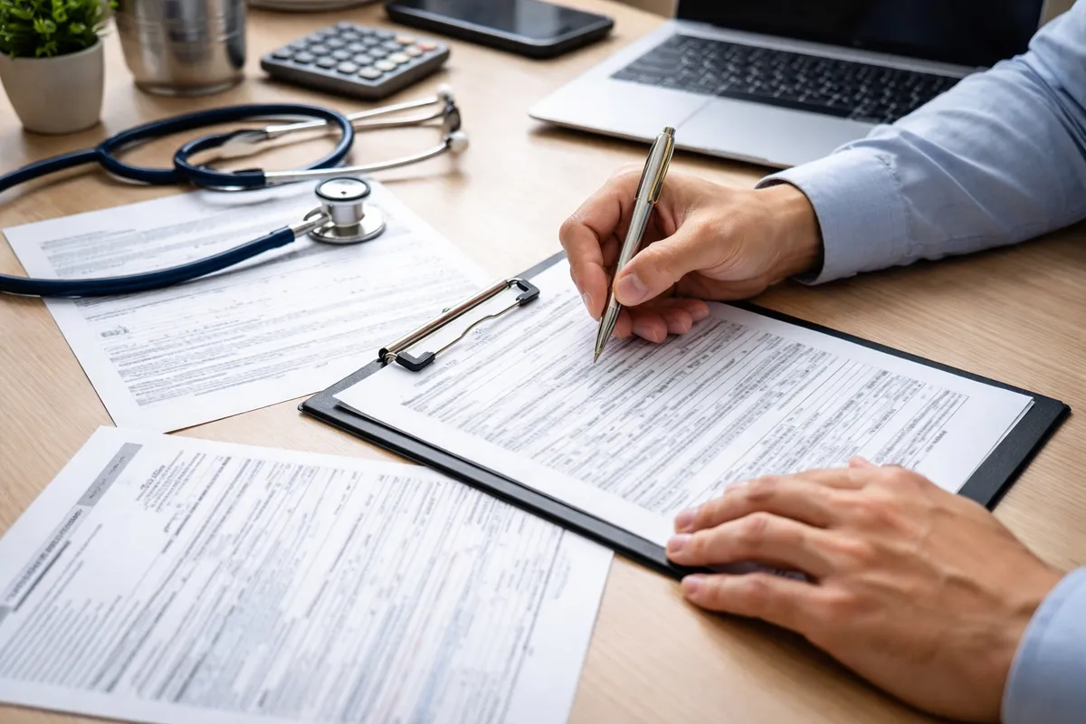 Mains d'une personne remplissant un formulaire de déclaration à côté d'un certificat médical et d'une attestation de salaire sur un bureau