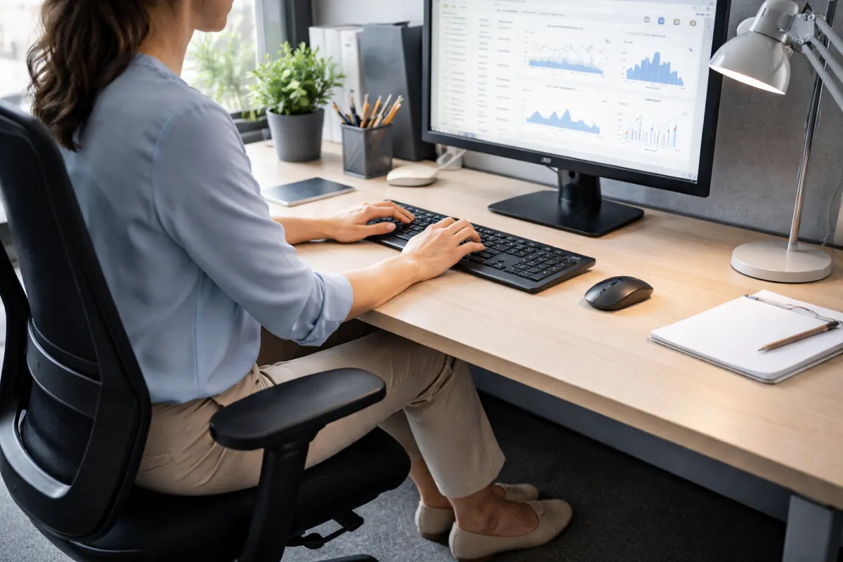 Salariée travaillant sur écran avec avant-bras posés sur le bureau et pieds à plat