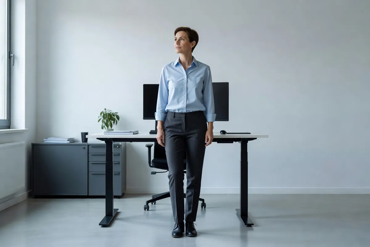 Employé de bureau debout près de son plan de travail, regardant au loin après une période sur écran