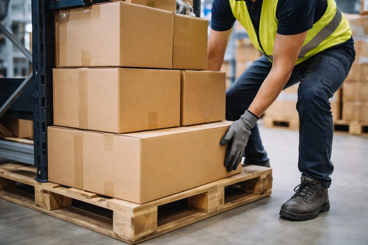 Préparateur de commandes ajustant la position de cartons sur une palette avec les produits lourds placés en bas
