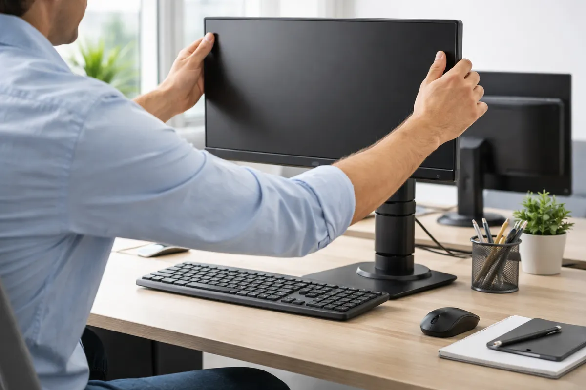 Salarié assis à un bureau réglant la hauteur de son écran avec les avant-bras posés sur le plan de travail
