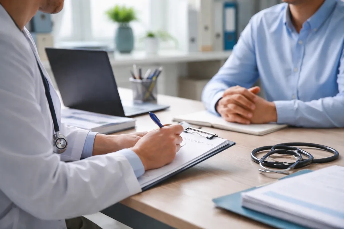 Médecin du travail adulte assis face à un salarié dans un cabinet, prenant des notes lors d'un entretien individuel