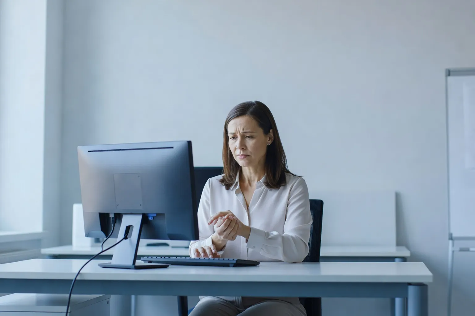 Poignet et main d'une opératrice sur un clavier, avant-bras posé sur le bureau, doigts légèrement fléchis, vue rapprochée du poste de saisie