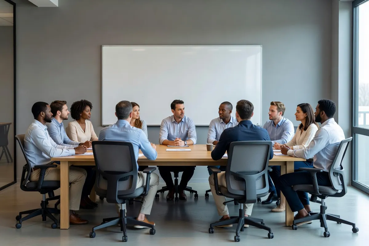 Réunion d'équipe autour d'une table avec un tableau de répartition des tâches