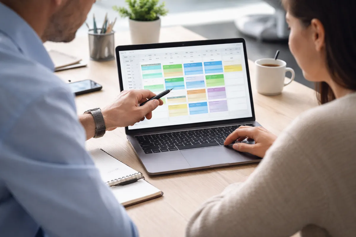 Manager et salariée consultant ensemble un planning de travail sur un ordinateur portable