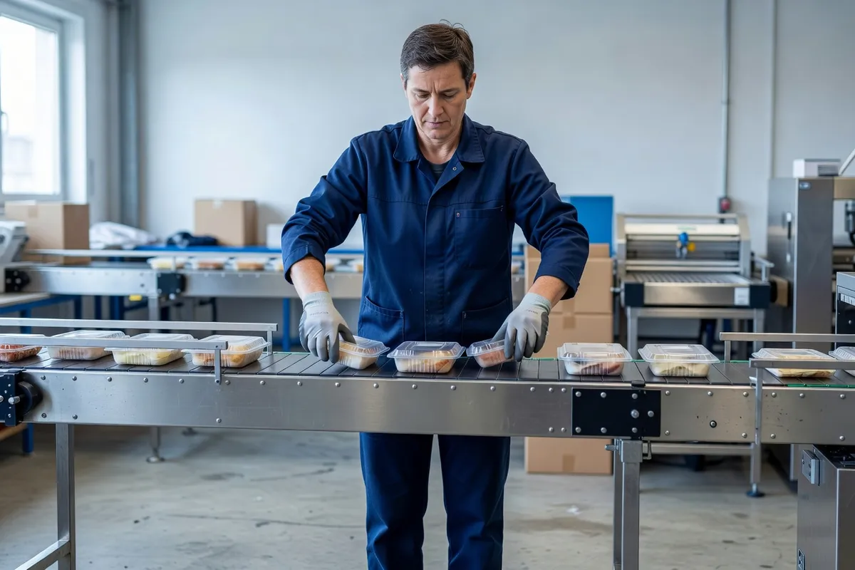 Mains d'un opérateur de chaîne de conditionnement saisissant des barquettes, poignets fléchis vers le haut sur un convoyeur à hauteur trop basse