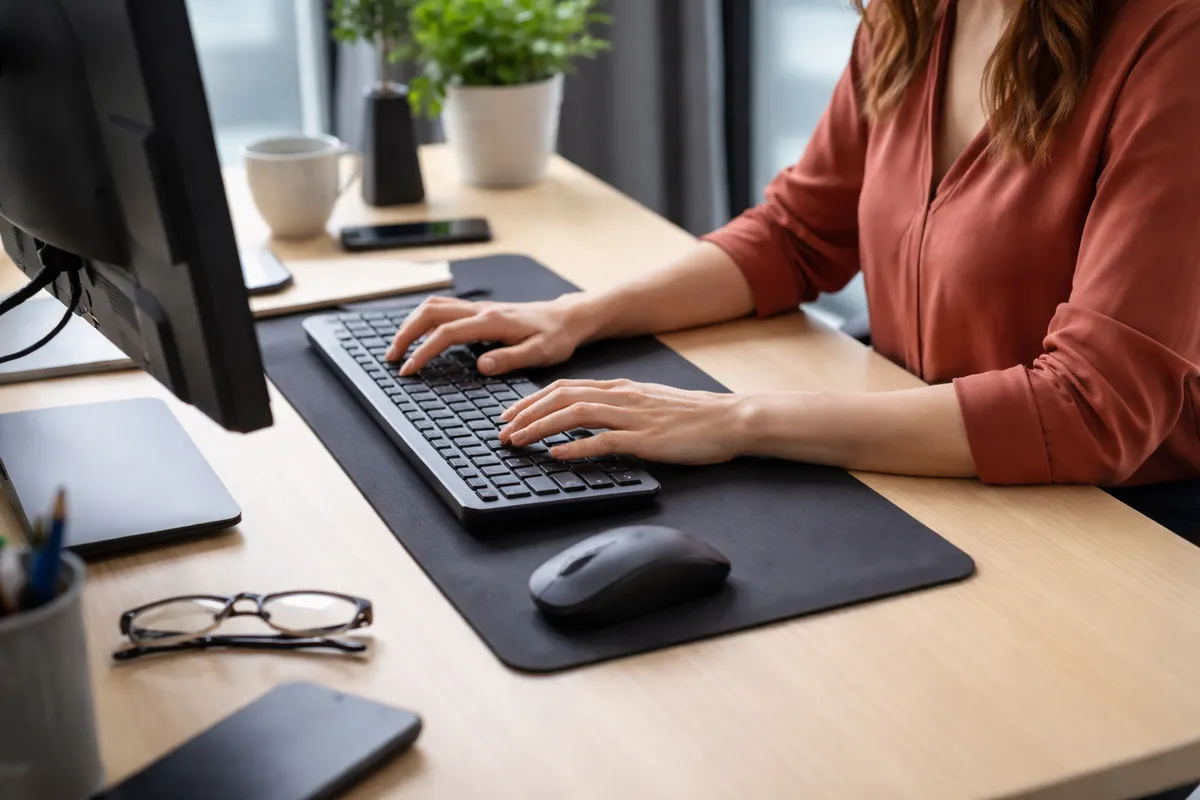 Salariée assise à un poste de bureau, avant-bras posés sur le plan de travail, poignets alignés avec la souris et le clavier