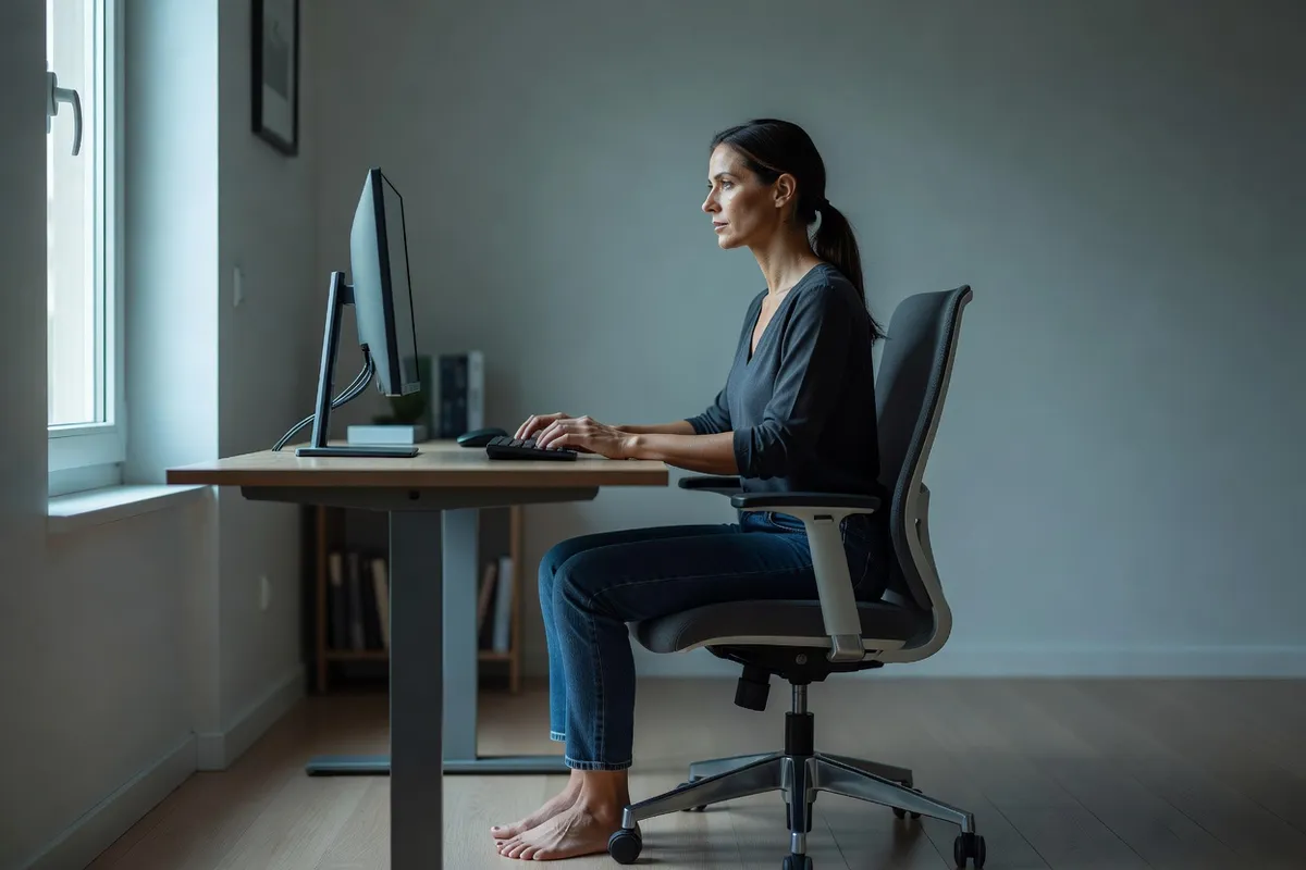 Télétravailleuse assise devant un écran externe avec les pieds posés au sol et les avant-bras sur le bureau