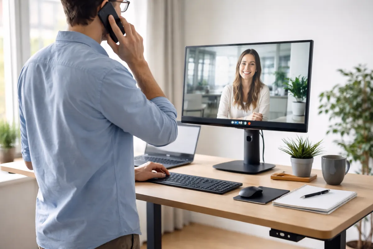 Salarié en télétravail debout lors d'un appel, devant un bureau réglable et un écran placé face à lui