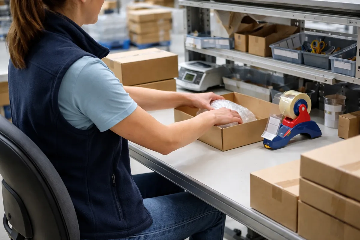 Salariée assise à un poste de conditionnement réglé à hauteur des avant-bras