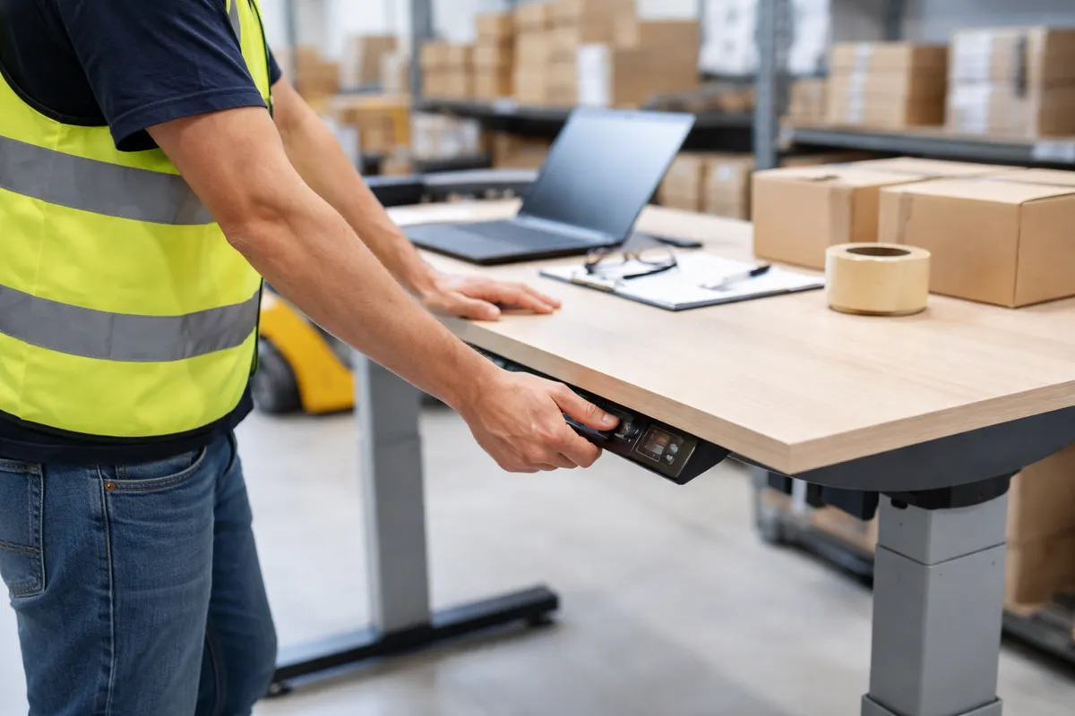 Un salarié règle la hauteur d'un plan de travail avant de manipuler des cartons