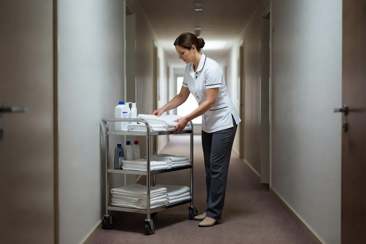 Employée d'étage plaçant du linge et des produits sur un chariot organisé dans un couloir d'hôtel