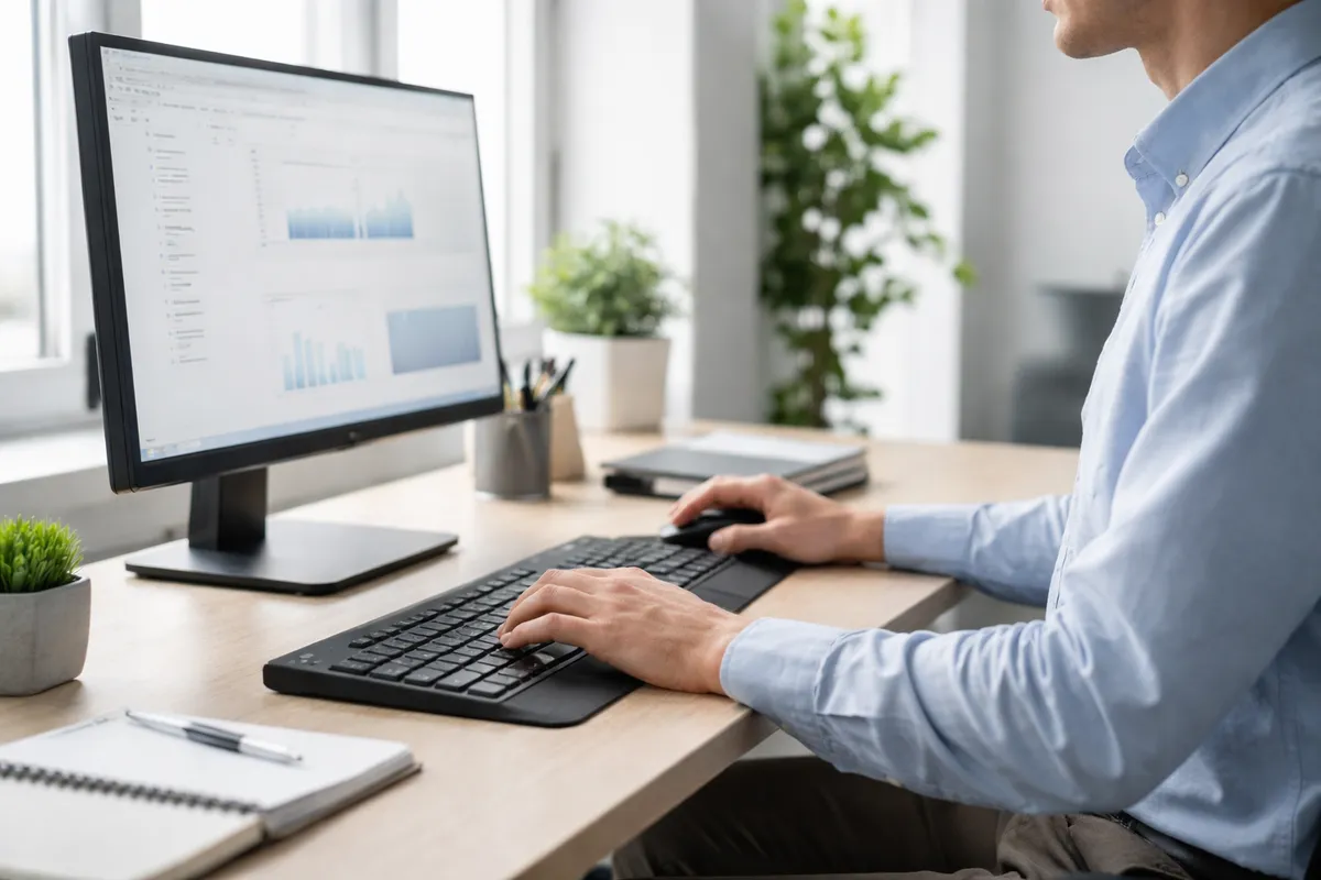 Poste de travail informatique vu de côté : écran à longueur de bras, haut de l'écran à hauteur des yeux, clavier et souris sur le bureau