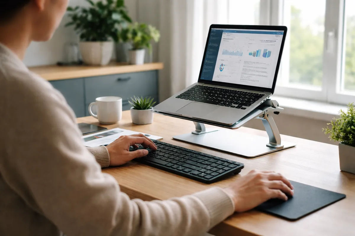 Salarié en télétravail à son bureau à domicile, ordinateur portable surélevé sur un support, clavier séparé et fenêtre sur le côté