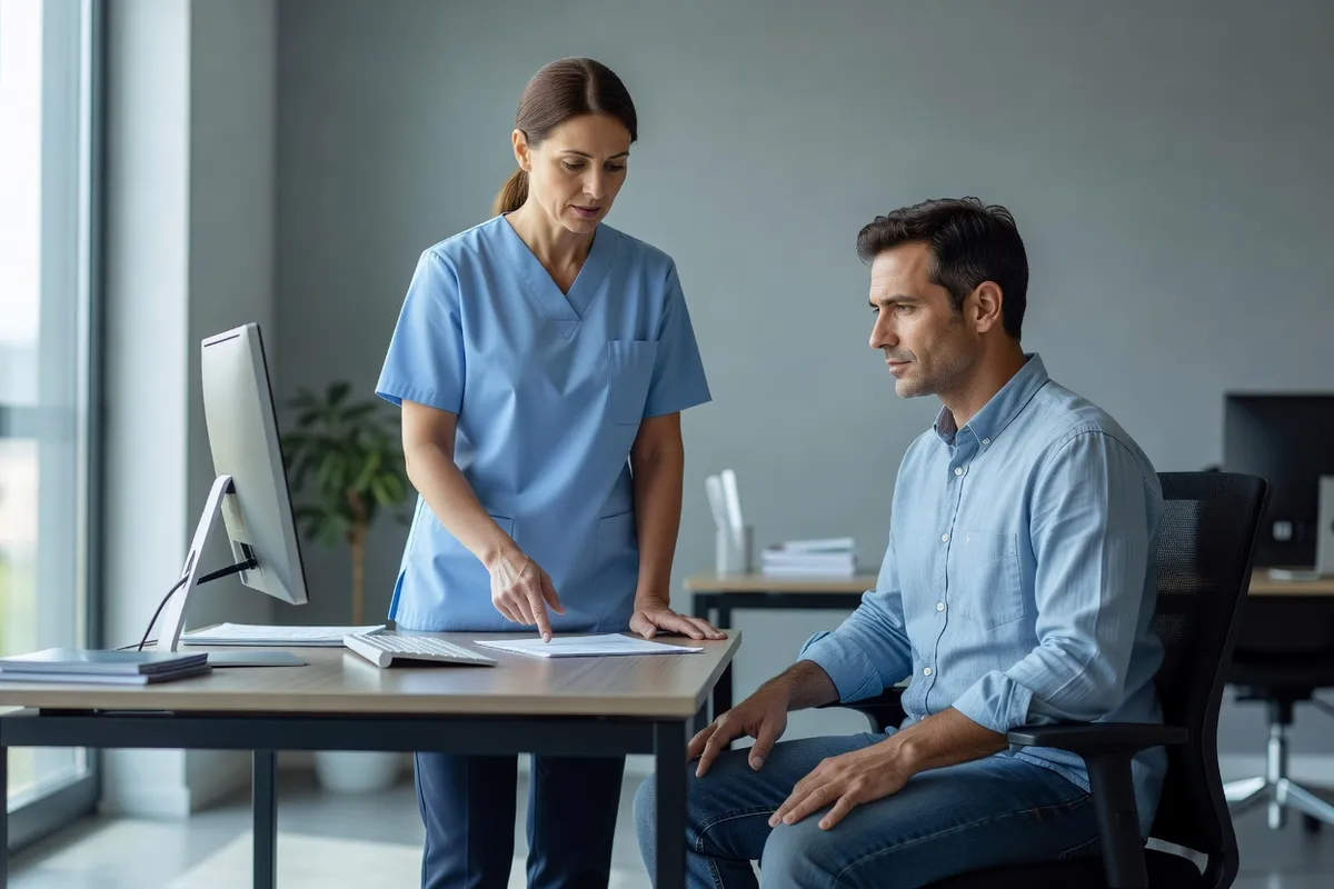 Infirmière en santé au travail expliquant à un salarié adulte, devant un bureau, les résultats d'un questionnaire de santé
