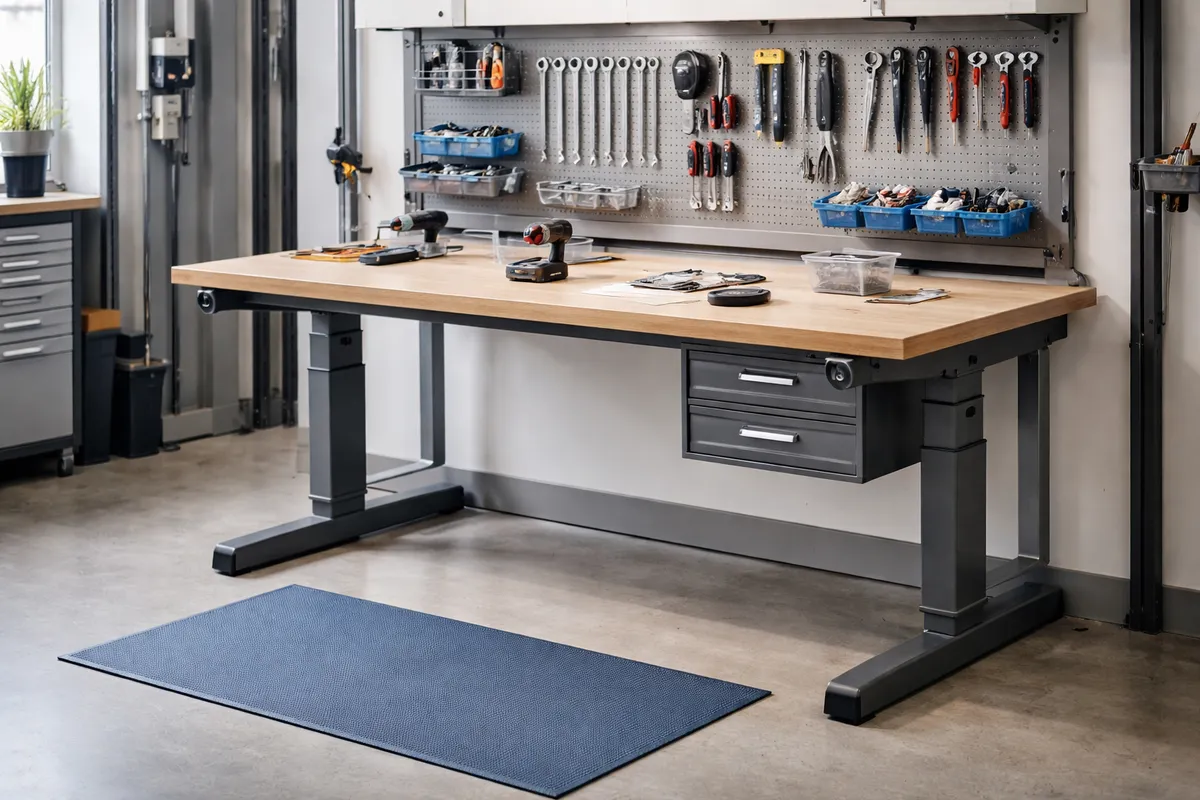 Poste de travail en atelier avec établi réglable en hauteur, outils rangés à portée de main et sol dégagé, sans personne